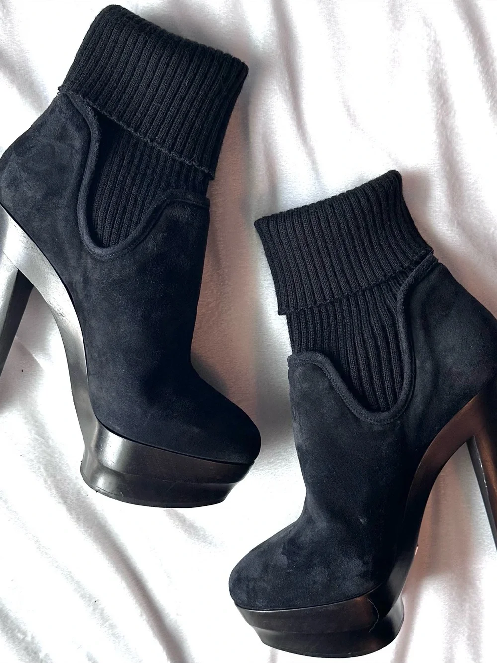 Enio Silla for Le Silla Black Suede Wool Sock Platform Stiletto Ankle Boot 7